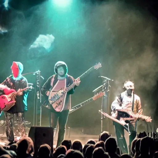 Prompt: Modest Mouse dressed like wizards playing a concert during the nuclear apocalypse, 4K, cinematic, hyperrealistic,