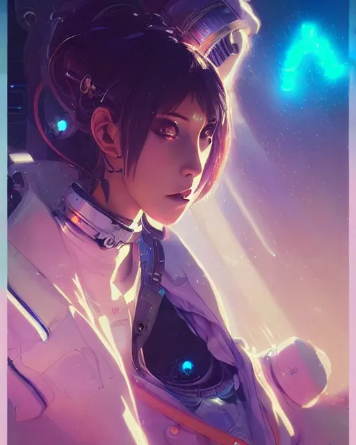 Image similar to anime visual of a female astronaut, neon, cyberpunk, futuristic, stunning, highly detailed, digital painting, artstation, smooth, soft focus, illustration, art by artgerm and greg rutkowski and alphonse mucha