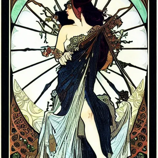 Image similar to persephone as goddess of death, painted by alphonse mucha