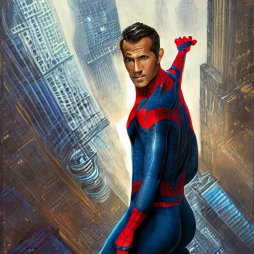 Image similar to ryan reynolds as spider - man, wearing a black and blue suit, cinematic, volumetric lighting, f 8 aperture, cinematic eastman 5 3 8 4 film, photorealistic by greg rutkowski, by stanley artgerm, by alphonse mucha