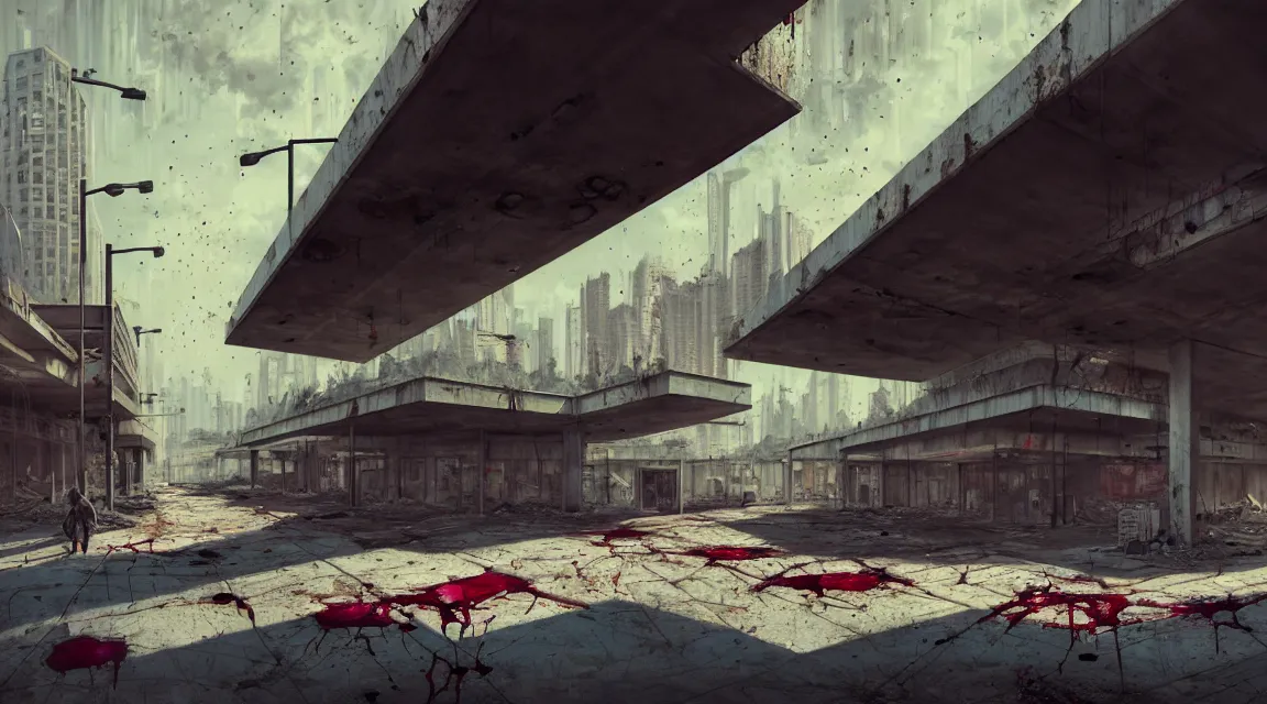 Image similar to post apocalyptic shopping center, building, avenue, extremely detailed, sharp focus, fine details, realistic shaded, depth of field, colorful, modern contemporary americana concrete architecture, by pascal blanche, greg rutkowski, shaddy safadi, neil blevins, trending on artstation, high quality, photorealistic, blood stains, crumbling, silhouettes