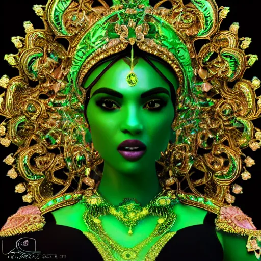 Image similar to photo of wonderful princess of emerald with fair skin, glowing, ornate and intricate green jewelry, jaw dropping beauty, eyepopping colors, dynamic lighting, glowing background lighting, green accent lighting, photorealistic, hyper detailed, award winning photography, 4 k octane render