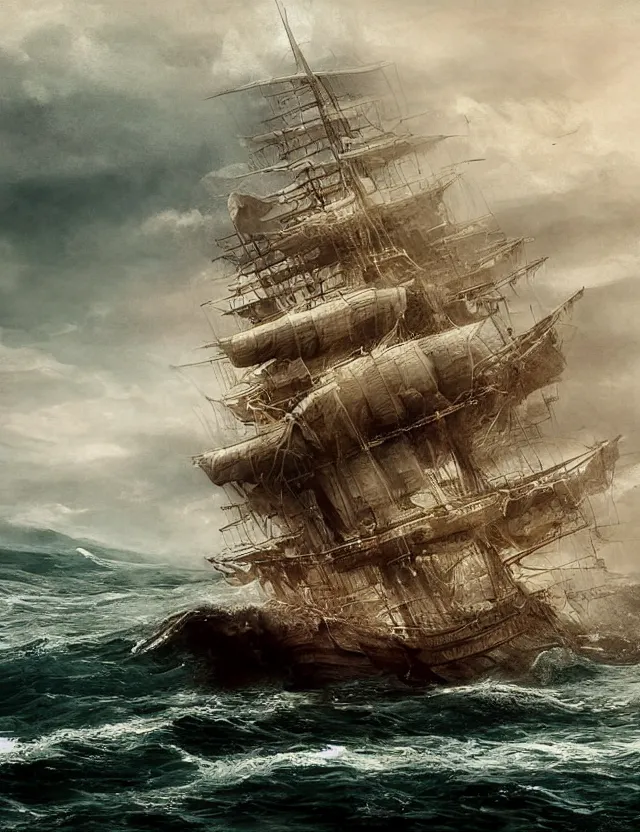 Prompt: ship sailing at the roughest sea, cinematic, digital art, 4 k resolution, detailed, high quality, sharp focus, hq artwork, insane detail