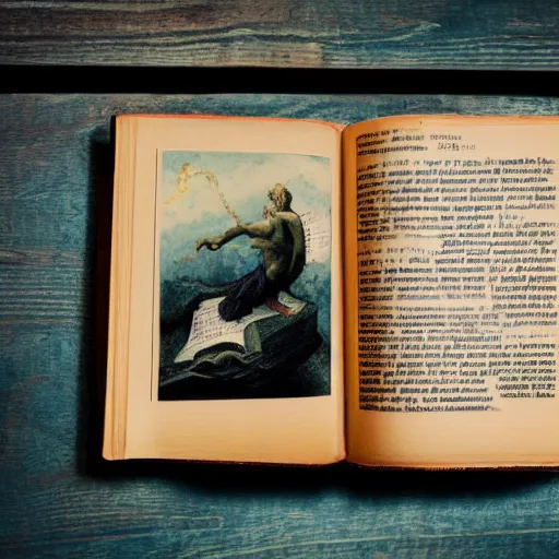 Image similar to a medium shot of a book sitting on a crowed desk, the book is closed, the cover is illustrated with a picture of icarus, beside the book is an ancient scroll, dark, single light, vignette, magic, fantasy, 4 k