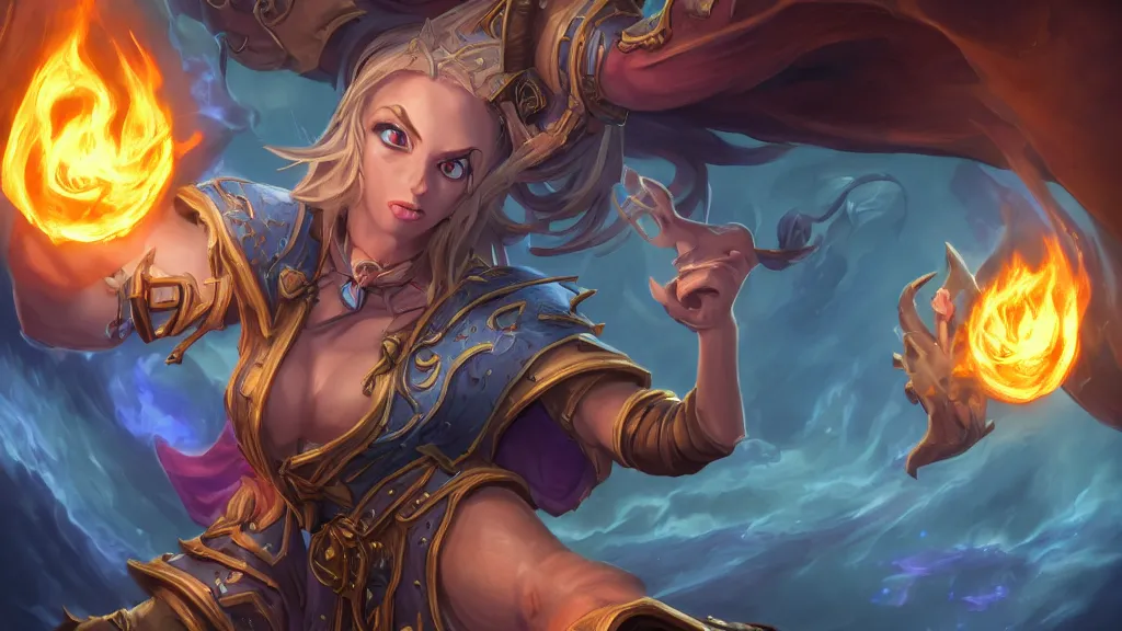 Image similar to hearthstone official professional art. a sorceress, wearing a robe casting a fire ball. insanely coherent physical body parts ( face, arms, legs, hair, eyes, pupil, eye white ). full body realistic, sharp focus, 8 k high definition, insanely detailed, intricate, elegant, smooth, sharp focus, illustration, artstation