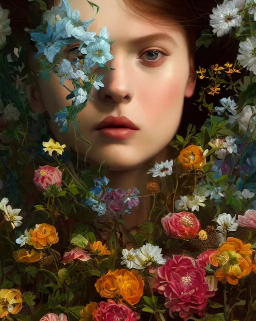 Prompt: portrait of a young swedish girl, 2 0 years old, surrounded by flowers by karol bak, james jean, tom bagshaw, rococo, sharp focus, trending on artstation, cinematic lighting, hyper realism, octane render, 8 k, hyper detailed.