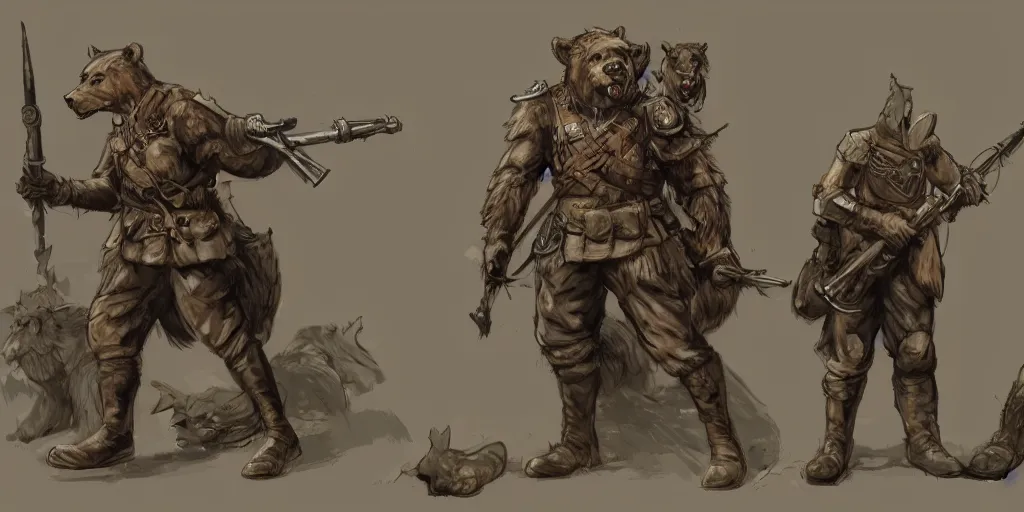 Image similar to concept art of a high fantasy ww1 bear beast-man soldier using a bazooka trending on artstation, detailed high resolution