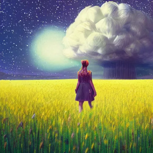 Image similar to giant daisy flowers as a head, girl walking in wheat field, hills, surreal photography, dark night, star trails, impressionist painting, dramatic clouds, digital painting, artstation, simon stalenhag