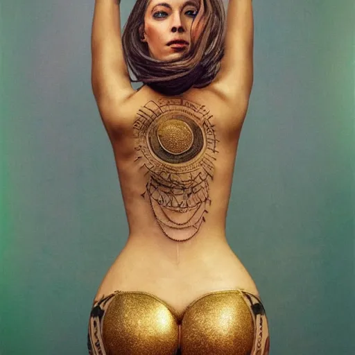 Image similar to A perfect female goddess stands for a waist up portrait with her body sightly wrapped in thin gold wire creatively arranged so as to look like tattoos, hyper photo realistic 8K HD HDRI, photo by Annie Leibovitz.