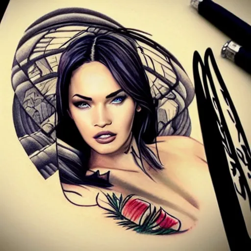 Image similar to tattoo design sketch of megan fox mash up effect with beautiful mountain scenery, in the style of matteo pasqualin, amazing detail