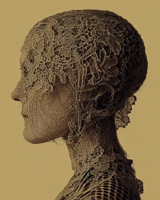 Image similar to a woman's face in profile, made of intricate lace skeleton, in the style of the dutch masters and gregory crewdson, dark and moody