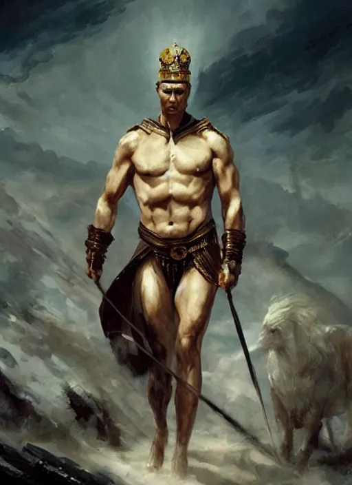 Image similar to vladimir putin as a magnificent beautiful greek god, movie 3 0 0 by greg rutkowski