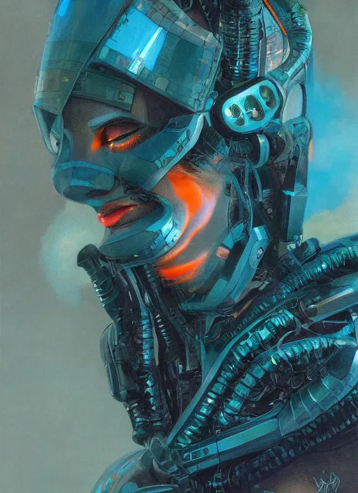 Image similar to ( ( symmetry ) ) closeup portrait of a stunning cyborg girl crying in tears, jumpsuit angular armor, strong cinematic light, teal orange, viscous volumetric smoke, mist, by gerald brom, by mikhail vrubel, by peter elson, muted colors, extreme detail, trending on artstation, 8 k