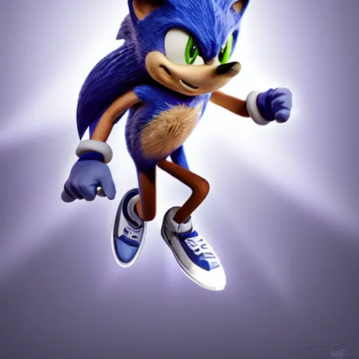 Image similar to hyperrealistic sonic the hedgehog running, stunning 3 d render inspired by istvan sandorfi & greg rutkowski & mike judge, perfect symmetry, dim volumetric cinematic lighting, 8 k octane comprehensive render, extremely mega hyper - detailed and lifelike attributes & atmosphere, intricate, realistic flesh texture, masterpiece, artstation, stunning,