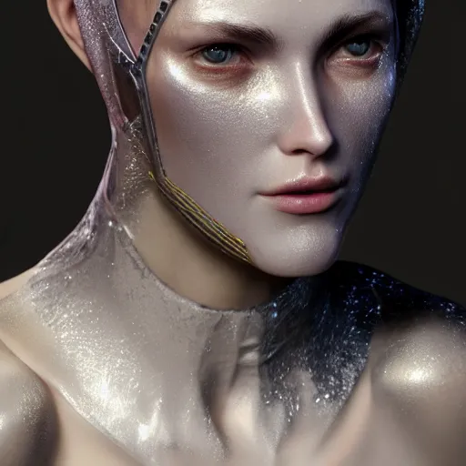 Image similar to knight, 8 k uhd, unreal engine, reflected chrome, octane render in the artstyle of greg rutkowski klimt and nixeu and ian sprigger and wlop and krenz cushart tom bagshaw, unreal engine 5, highly detailed face, true anatomy!, extremely detailed!, fishnets, beautiful