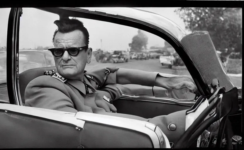 Prompt: 60s movie still of Josip Broz Tito in his car with his general's cap, by Irving Penn , Cinestill 800t 120mm, heavy grainy picture, very detailed, high quality, 4k, HD criterion, precise texture