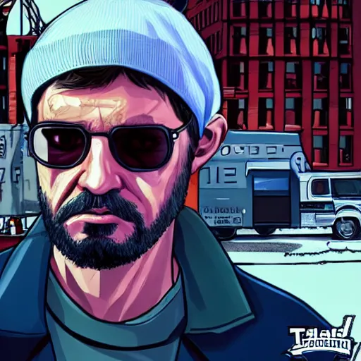 Image similar to Ted kaczynski in GTA V, Cover art by Stephen Bliss, boxart, loading screen