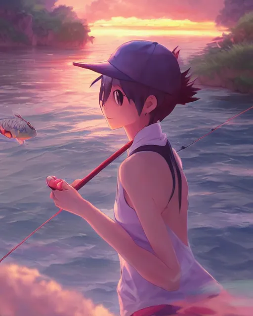 Image similar to a female pokemon trainer fishing for magikarp, full shot, atmospheric lighting, detailed face, by makoto shinkai, stanley artger m lau, wlop, rossdraws, james jean, andrei riabovitchev, marc simonetti, krenz c