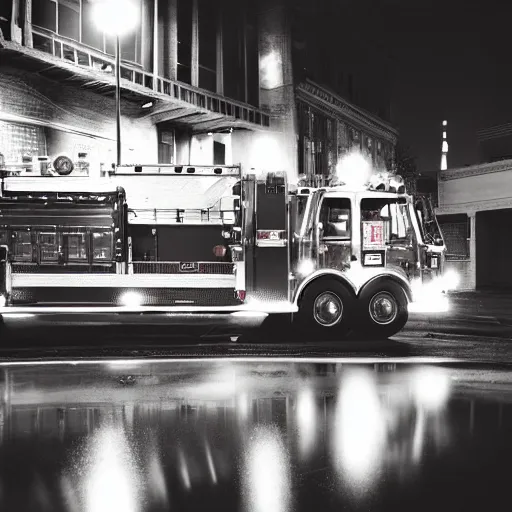 Image similar to A firetruck at night, city streets, back view, off angle, rule of thirds, dark shading, flashing lights, wet reflective concrete, city, photograph, award winning, deviantart