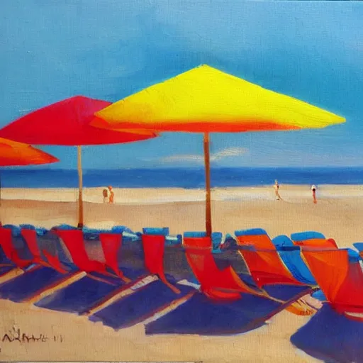 Prompt: an italian beach full of umbrellas and sun chairs, oil painting