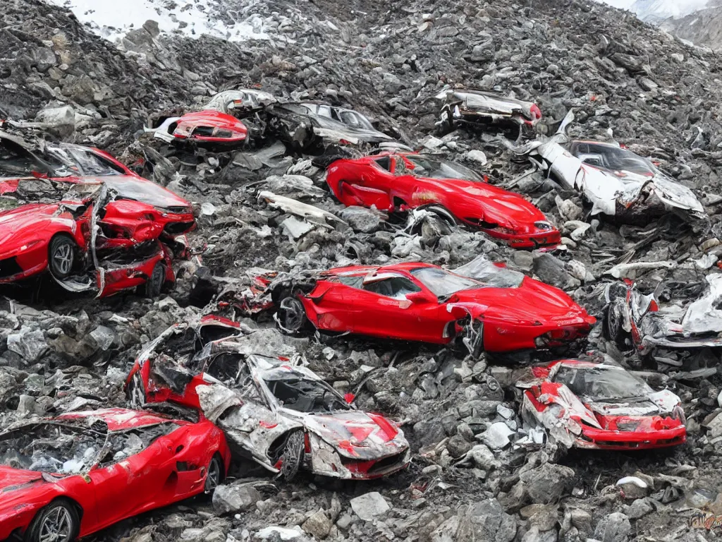 Image similar to crashed ferraris, 3 model lines on top of mount everest