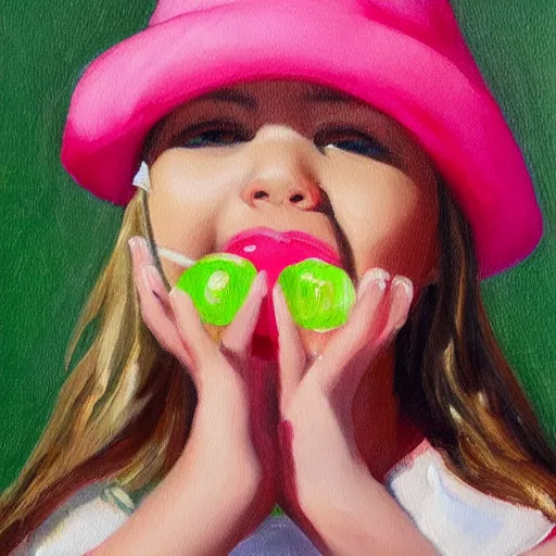 Image similar to A cute girl blowing gum in her mouth, wearing a pink hat, oil painting