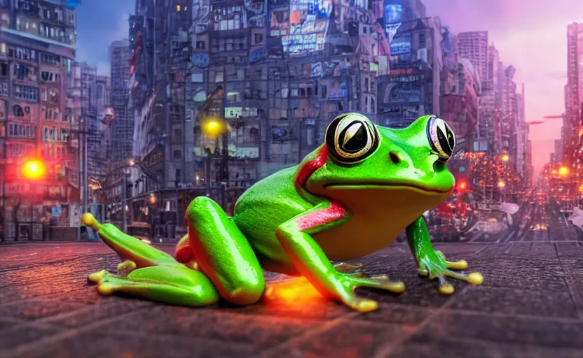 Image similar to kawaii frog destroying city, highly detailed, extremely high quality, hd, 4 k, 8 k, professional photographer, 4 0 mp, lifelike, top - rated, award winning, cinematic, realistic, detailed lighting, detailed shadows, sharp, no blur, edited, corrected, trending