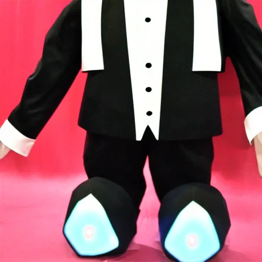 Image similar to a tuxedo for a big man with small legs, heart shaped goden mask with white lights for eyes.