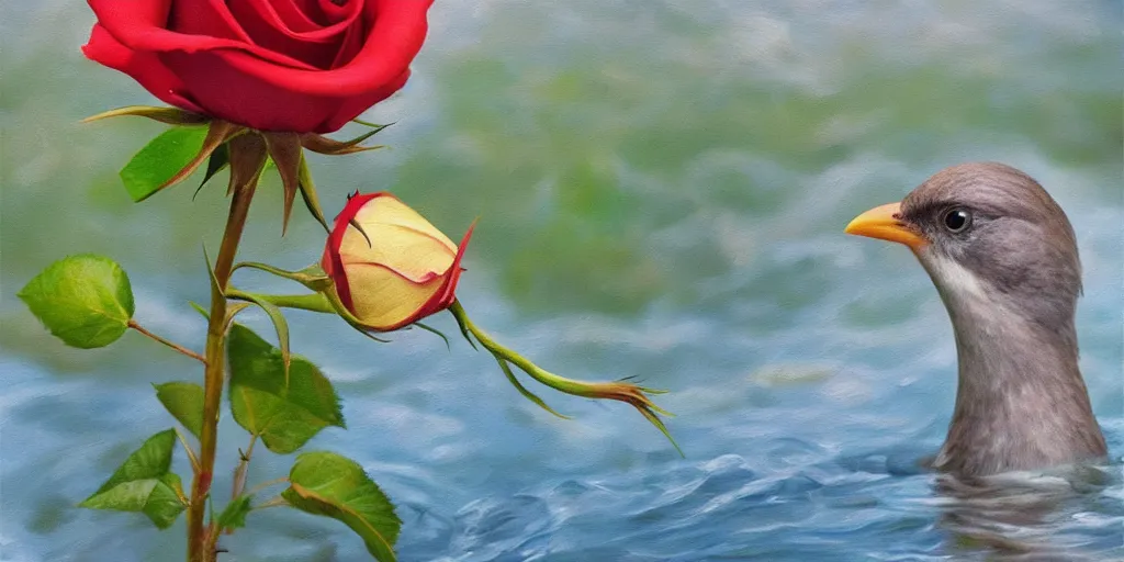 Prompt: portrait of bird holding a rose in a river. hyperrealistic oil painting, 4k, studio lightning, very detailed faces