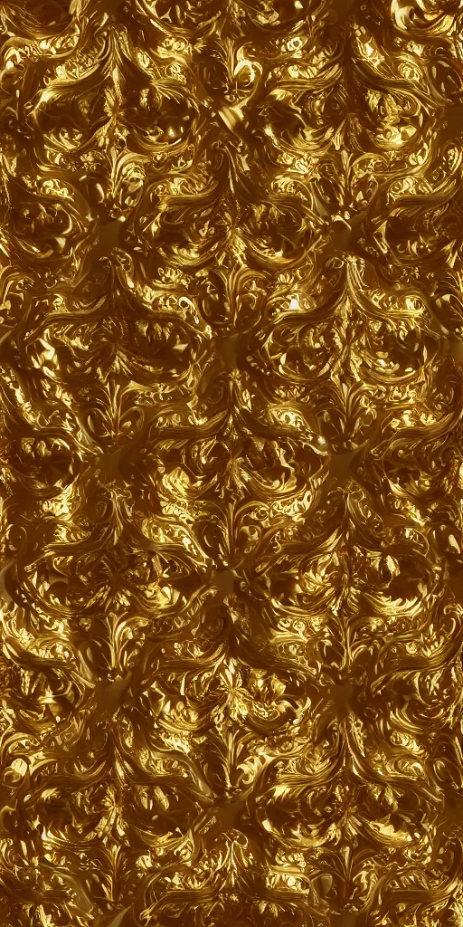 Image similar to seamless 3D baroque gold pattern, Beautiful dynamic shadows , gold and pearls, symmetrical, rococo elements, damask, Artstation, versace pattern, supersharp, no blur, sharp focus, insanely detailed and intricate, Octane render,8K