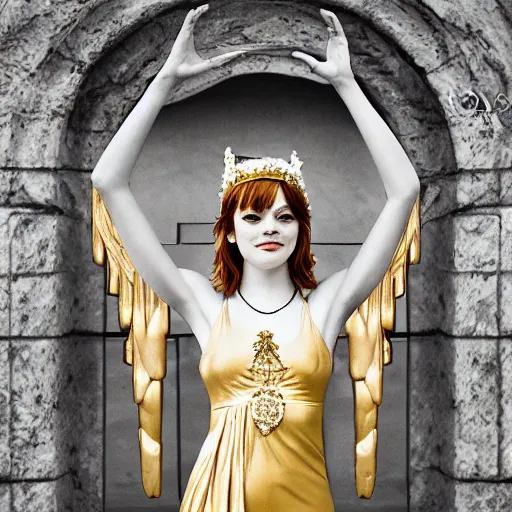 Prompt: Emma Stone as a Greek Goddess, Sony a7R IV, symmetric balance, polarizing filter, Photolab, Lightroom, 4K, Dolby Vision, Photography Award