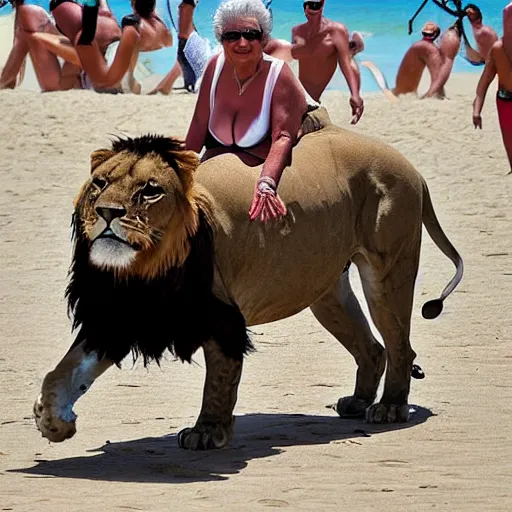 Prompt: sexy old lady riding a lion on the copacabana beach