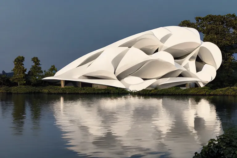 Prompt: a building formed by many multi - white eggshell shapes arranged and combined in space. on the calm lake, people's perspective modern curved architecture, future, award winning, highly detailed 4 k art, dusk, by kazuyo sejima