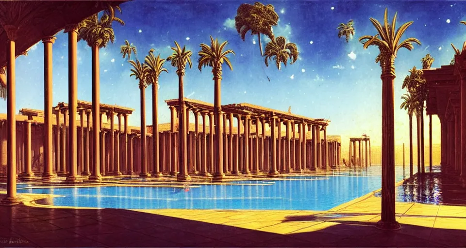 Image similar to a large tiled swimming pool with many palm trees surrounded by roman architecture columns and statues, underneath a star filled night sky, harold newton, zdzislaw beksinski, donato giancola, warm coloured, gigantic pillars and flowers, maschinen krieger, beeple, star trek, star wars, film, atmospheric perspective