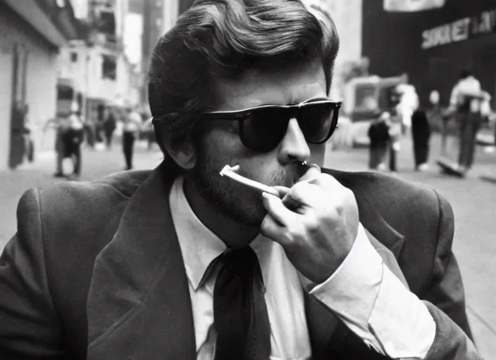 Prompt: color photo. handsome man wearing aviator glasses and smoking a cigarette in the 8 0's. wall street