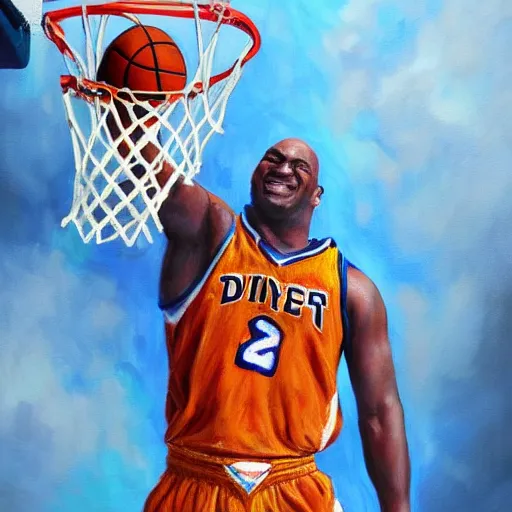 Image similar to an oil painting of a tiger dunking a basketball over Shaq Trending on Artstation, featured on Behance, well-rendered, fine detail, extra crisp image, Unreal Engine, 4K HD