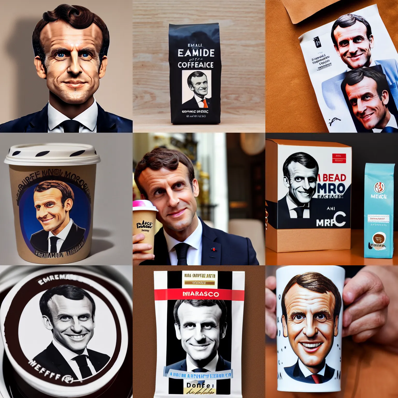 Prompt: a brand of coffee with the face of Emmanuel Macron on it