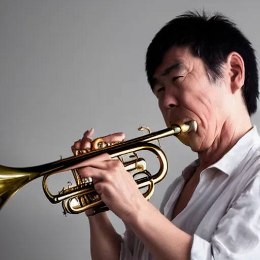 Prompt: middle aged japanese man playing the trumpet in a ska band