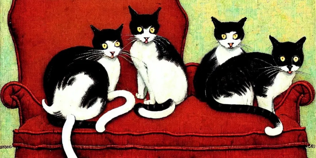 Prompt: two cats on an old armchair, style of norman rockwell