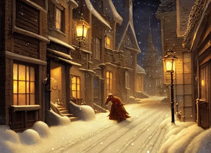 Prompt: a night scene of a snowy street, a detailed painting by anton pieck and gil elvgren, deviantart contest winner, fantasy art, concept art, official art