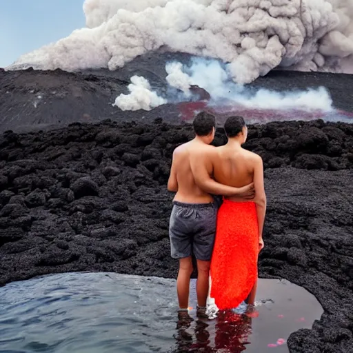 Image similar to young couple taking a bath in lava, volcanic eruptions in the background