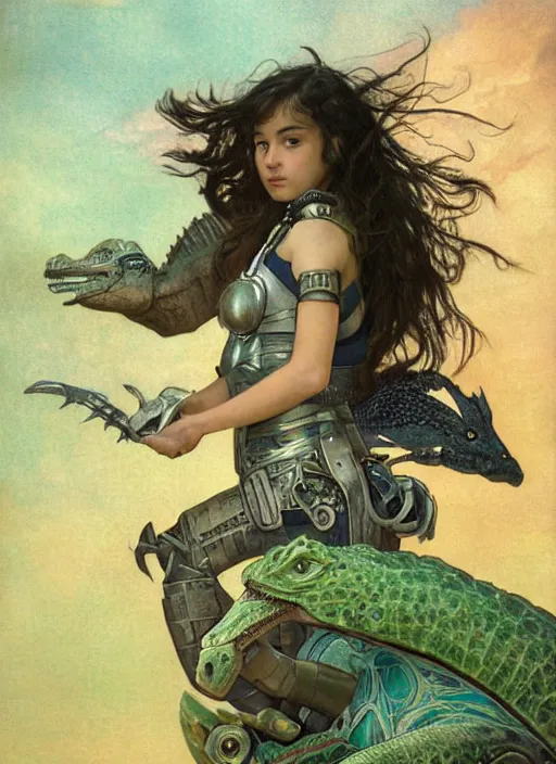 Image similar to portrait of a little cyborg warrior girl character sitting on top of a giant armored dinosaur bird flying in space, epic character with dark skin and beautiful green eyes. the girl has a very beautiful detailed symmetrical face, long black hair. diffuse night light, dramatic landscape, fantasy illustration, matte painting by mucha