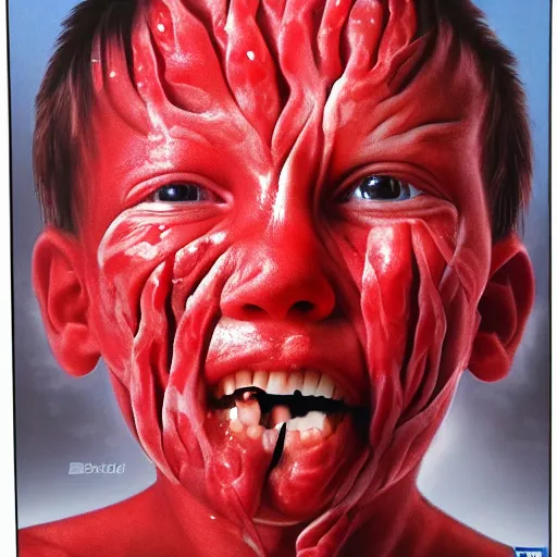 Image similar to cartel peeling off child's skin, hyper realistic, red mist spraying, tendons,