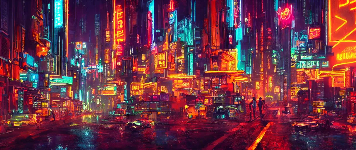 Prompt: a glowing neon cyberpunk city at night by Karl Thiart , cinematic atmosphere, establishing shot