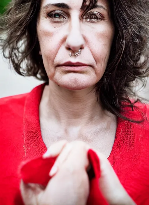 Prompt: close up portrait of beautiful 40-years-old Italian woman, wearing a red outfit, well-groomed model, candid street portrait in the style of Martin Schoeller award winning, Sony a7R