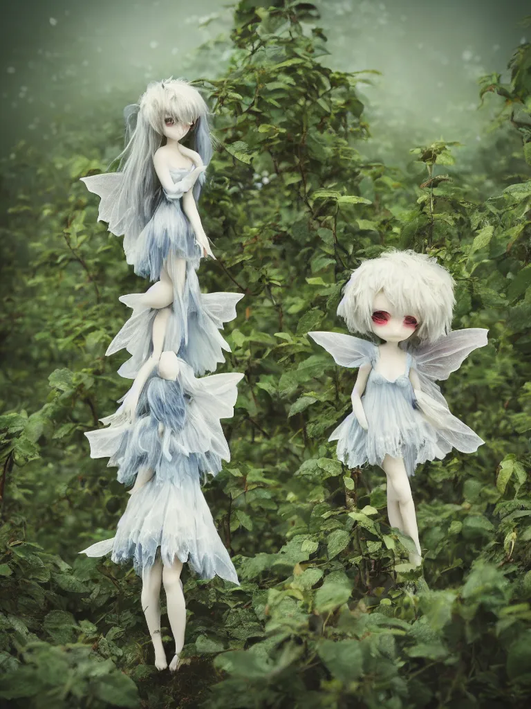 Image similar to cute fumo plush girl among vines in the middle of a foggy rose garden under a blue sky, beautiful glowing ethereal gothic magical wraith fairy girl with dark eyes, tattered dress, bokeh, vray