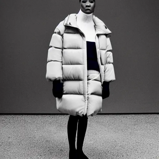 Image similar to realistic photoshooting for a new issey miyake lookbook, color film photography, portrait of a beautiful woman, model is wearing a asymetrical puffer jacket, photo in style of tyler mitchell, 3 5 mm,