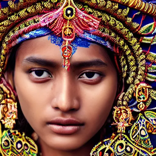 Image similar to portrait of a stunningly beautiful alluring nepalese tribal female, depth of field, zeiss lens, detailed, symmetrical, centered, fashion photoshoot, by annie leibovitz and steve mccurry, david lazar, jimmy nelsson, breathtaking, 8 k resolution, extremely detailed, beautiful, establishing shot, artistic, hyperrealistic, beautiful face, octane render