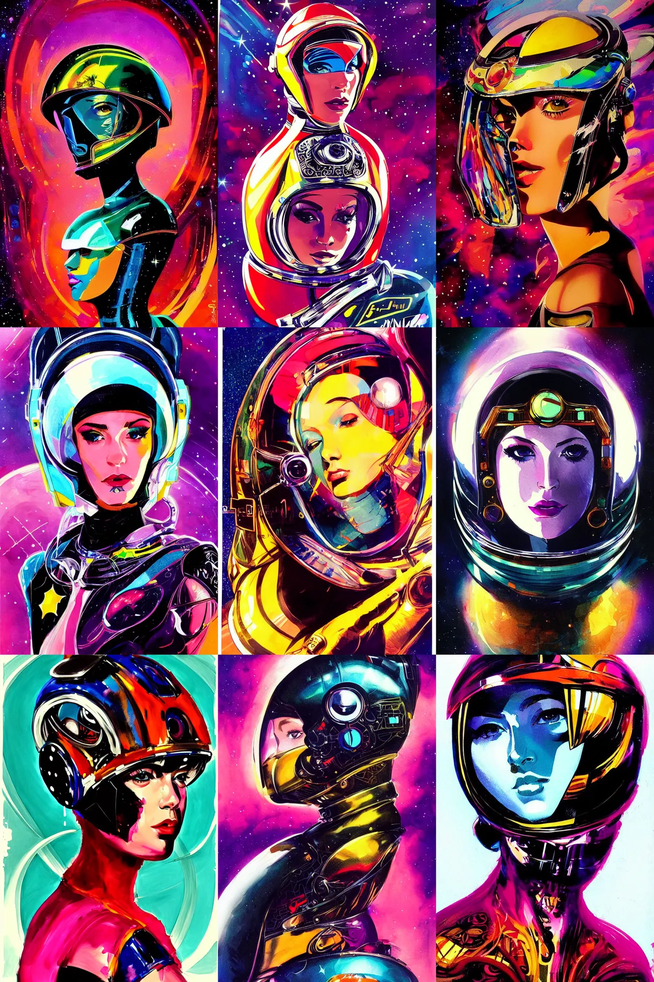 Prompt: ink illustration, portrait of a beautiful spacegirl with futuristic helmet, medium shot, centered face, hypermaximalist, kodak ektar, intricate, triadic color scheme, retro, highly detailed, concept art, smooth, sharp focus, dramatic lighting. art artgerm and by phil hale and francis bacon