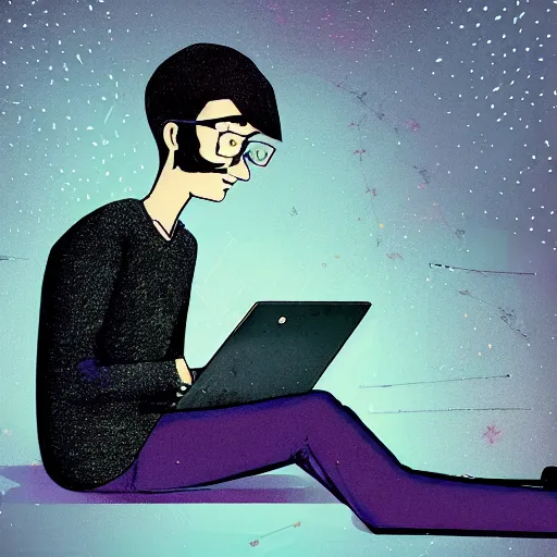 Image similar to a skinny computer nerd guy sitting on the floor of his room, crossed legs, laptop, smartphone, video games, tv, books, potions, jars, shelves, knick knacks, tranquil, calm, sparkles in the air, magic aesthetic, fantasy aesthetic, faded effect, illustration, digital illustration, detailed, highly detailed, 4K